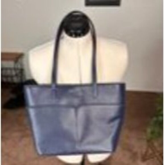 Michael Kors Logo Navy Blue Leather Tote Bag Purse | Dual Handles Front Pockets - Picture 15 of 15